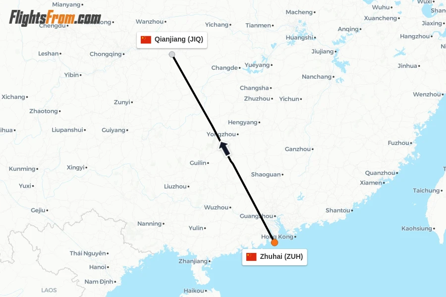 Flights from Zhuhai to Qianjiang route map
