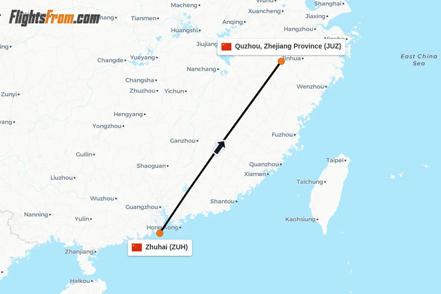 Flights from Zhuhai to Quzhou, Zhejiang Province route map