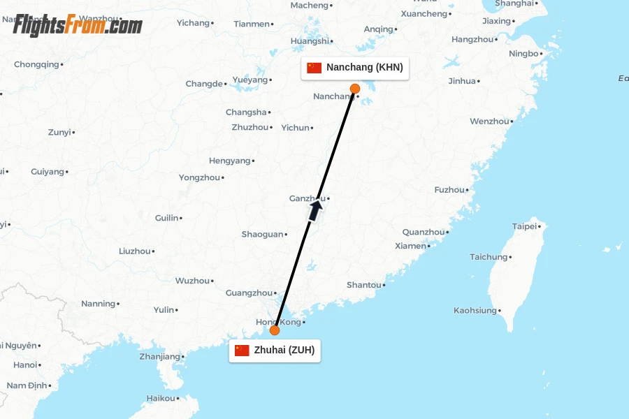 Flights from Zhuhai to Nanchang route map