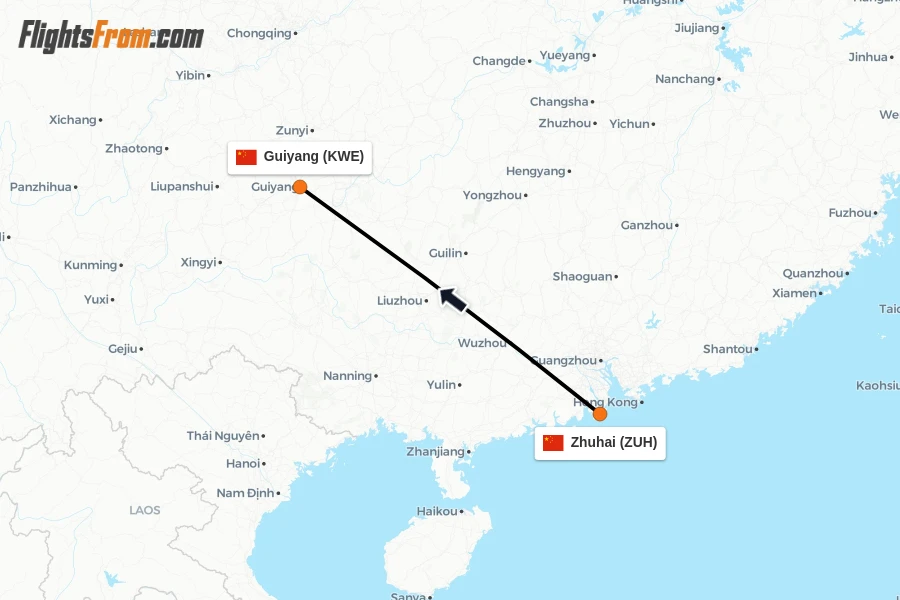Flights from Zhuhai to Guiyang route map