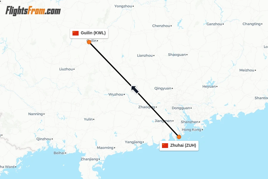 Flights from Zhuhai to Guilin route map