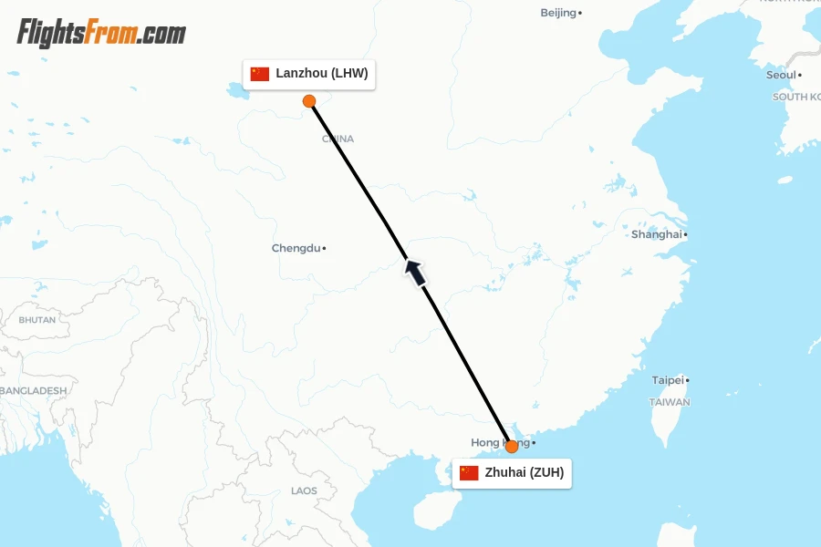 Flights from Zhuhai to Lanzhou route map