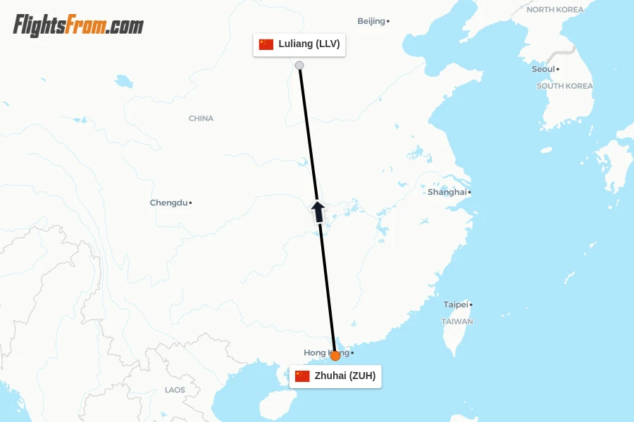 Flights from Zhuhai to Luliang route map