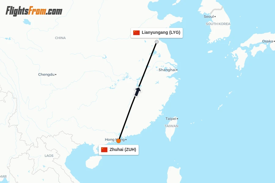 Flights from Zhuhai to Lianyungang route map