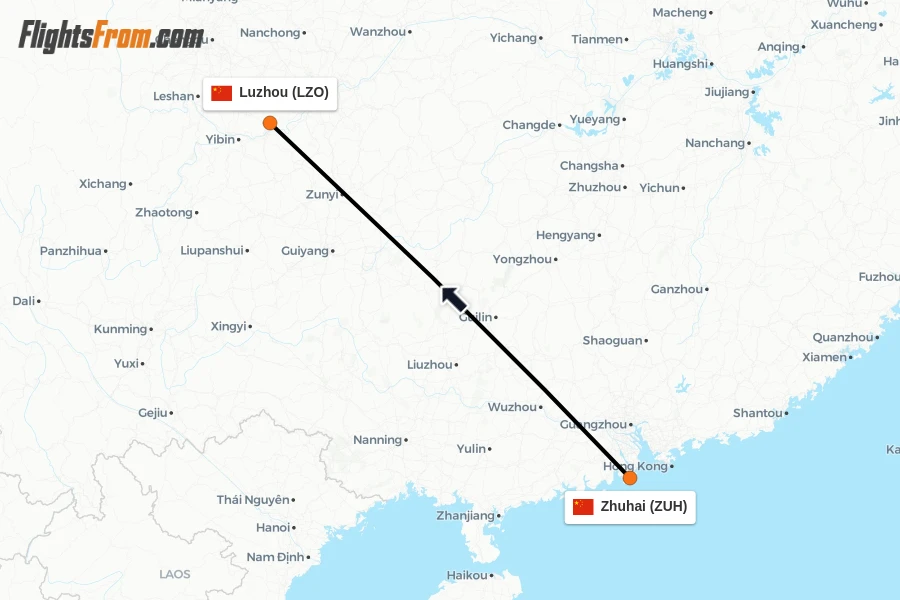 Flights from Zhuhai to Luzhou route map