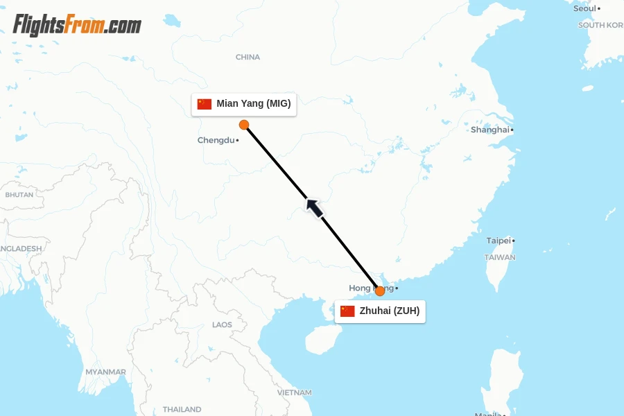 Flights from Zhuhai to Mian Yang route map