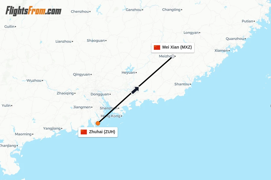 Flights from Zhuhai to Mei Xian route map
