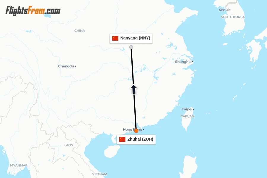 Flights from Zhuhai to Nanyang route map