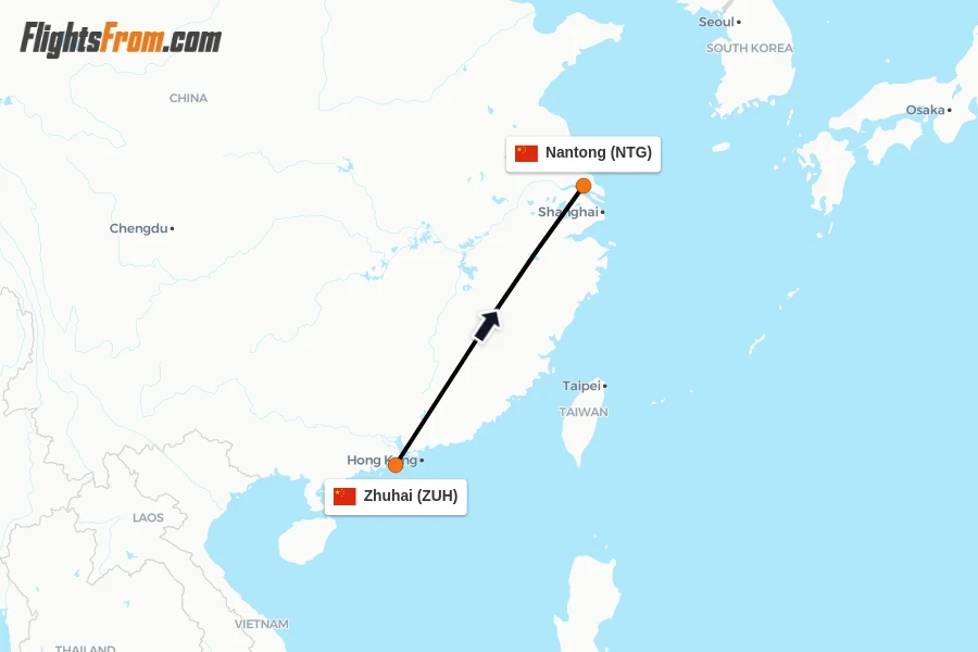 Flights from Zhuhai to Nantong route map