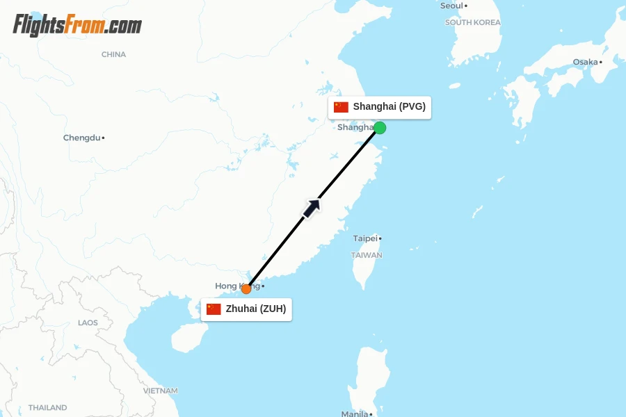 Flights from Zhuhai to Shanghai route map