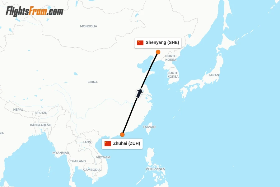 Flights from Zhuhai to Shenyang route map