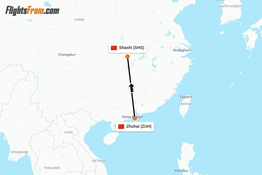 Flights from Zhuhai to Shashi route map