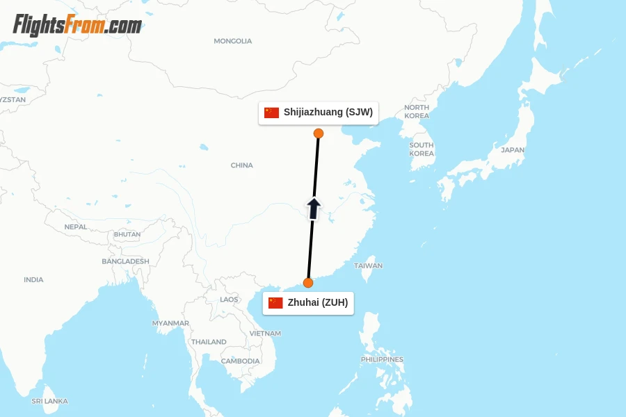Flights from Zhuhai to Shijiazhuang route map