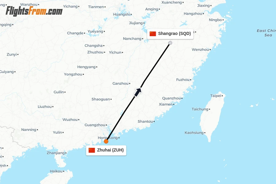 Flights from Zhuhai to Shangrao route map