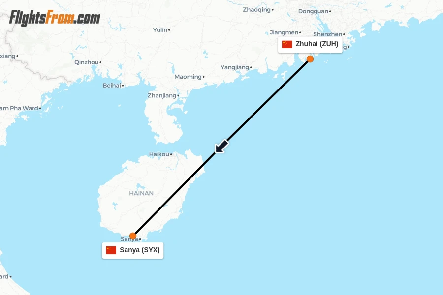 Flights from Zhuhai to Sanya route map