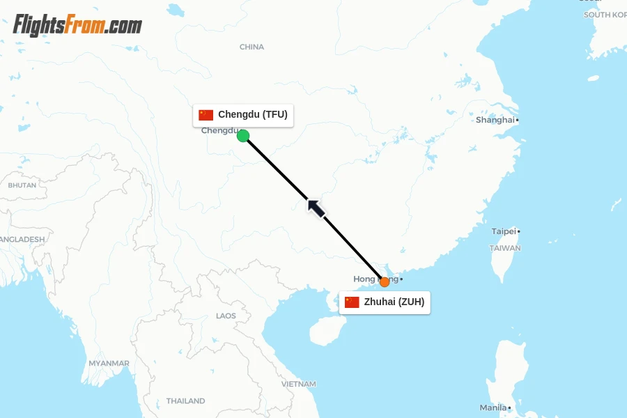Flights from Zhuhai to Chengdu route map