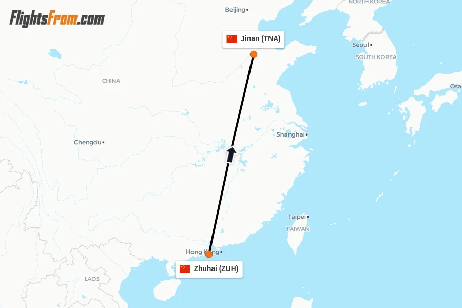 Flights from Zhuhai to Jinan route map