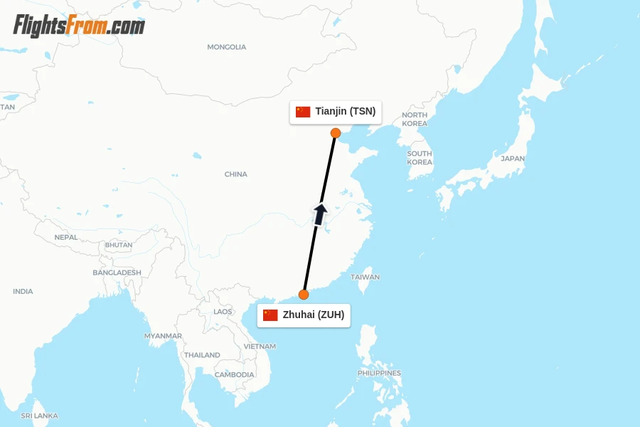 Flights from Zhuhai to Tianjin route map