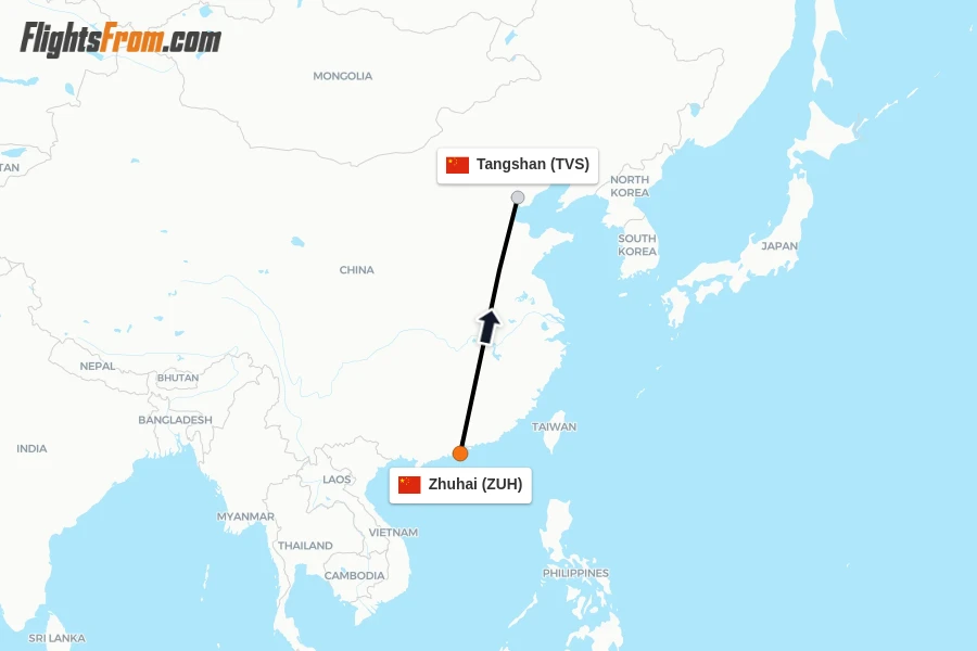 Flights from Zhuhai to Tangshan route map