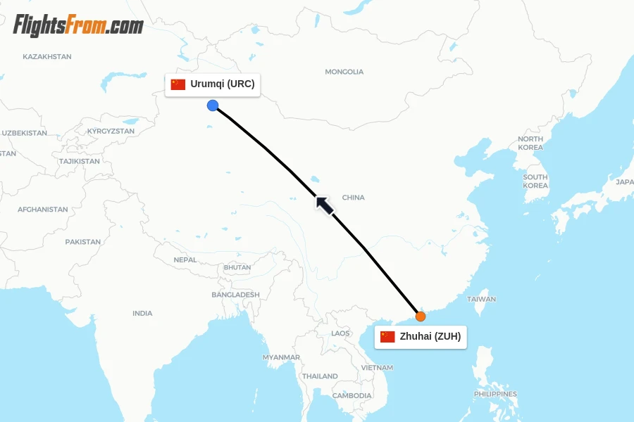 Flights from Zhuhai to Urumqi route map