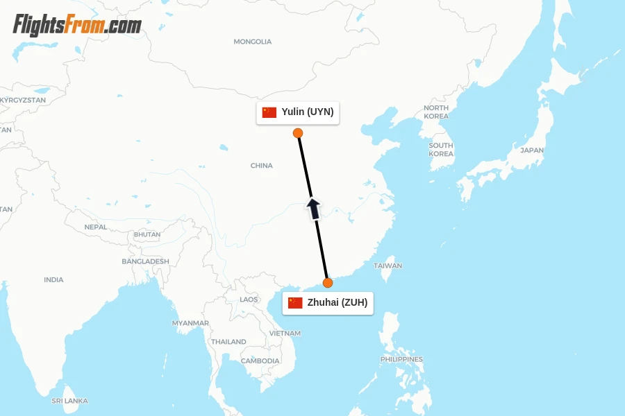 Flights from Zhuhai to Yulin route map