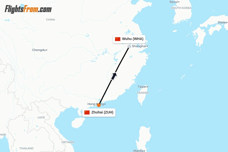 Flights from Zhuhai to Wuhu route map