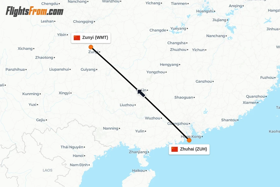 Flights from Zhuhai to Zunyi route map