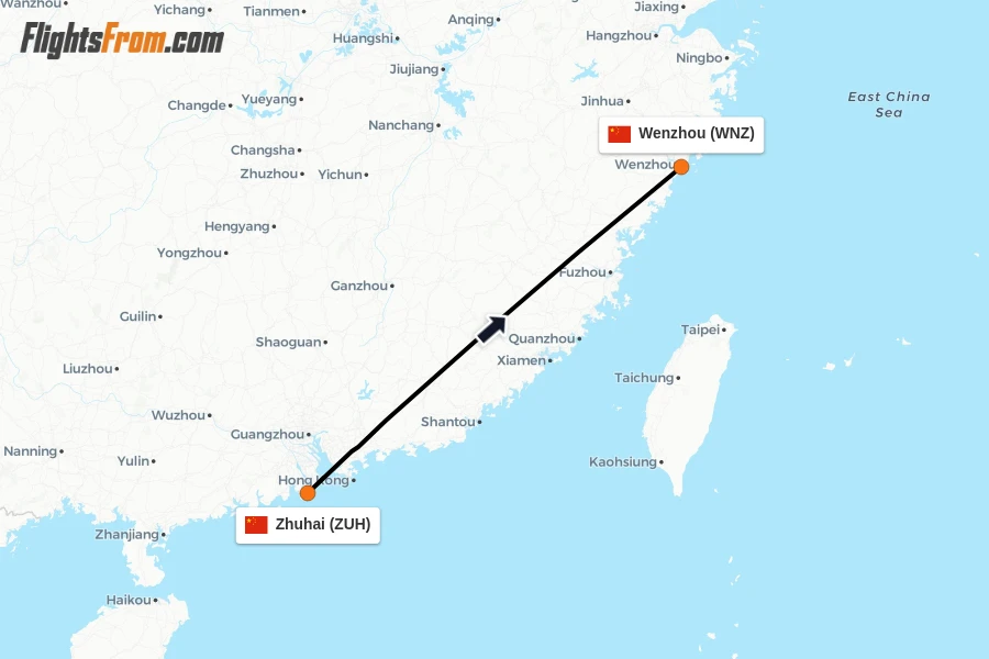 Flights from Zhuhai to Wenzhou route map