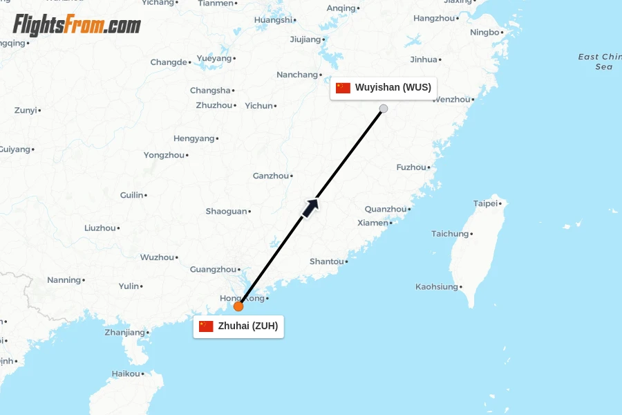 Flights from Zhuhai to Wuyishan route map
