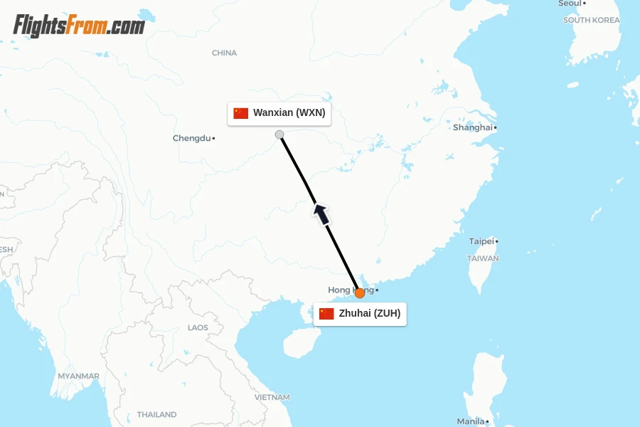 Flights from Zhuhai to Wanxian route map