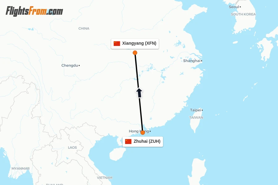 Flights from Zhuhai to Xiangyang route map