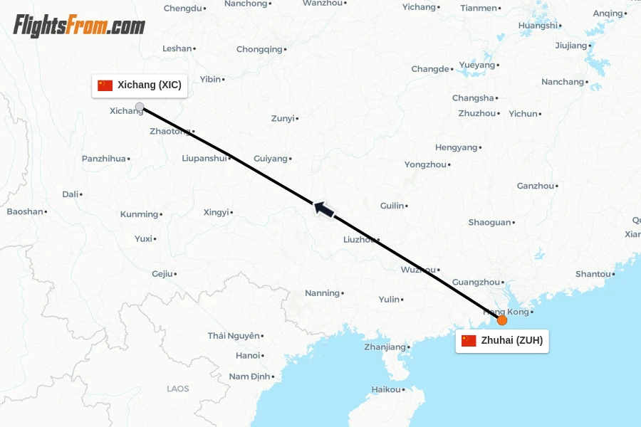 Flights from Zhuhai to Xichang route map