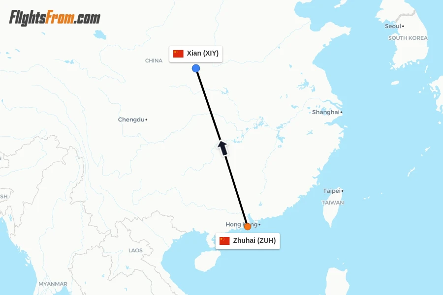 Flights from Zhuhai to Xian route map