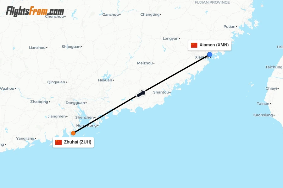 Flights from Zhuhai to Xiamen route map
