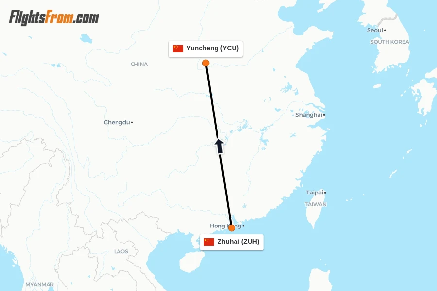 Flights from Zhuhai to Yuncheng route map