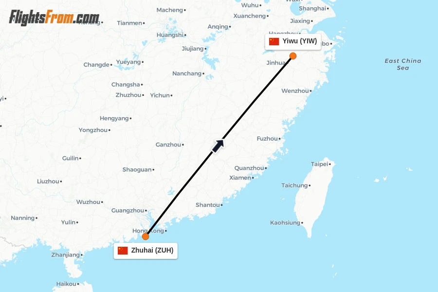Flights from Zhuhai to Yiwu route map