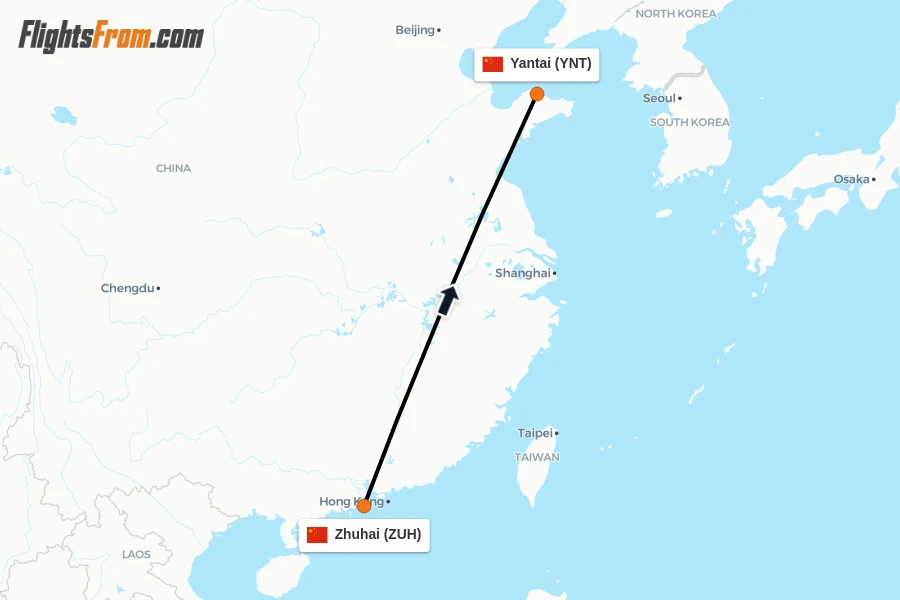 Flights from Zhuhai to Yantai route map