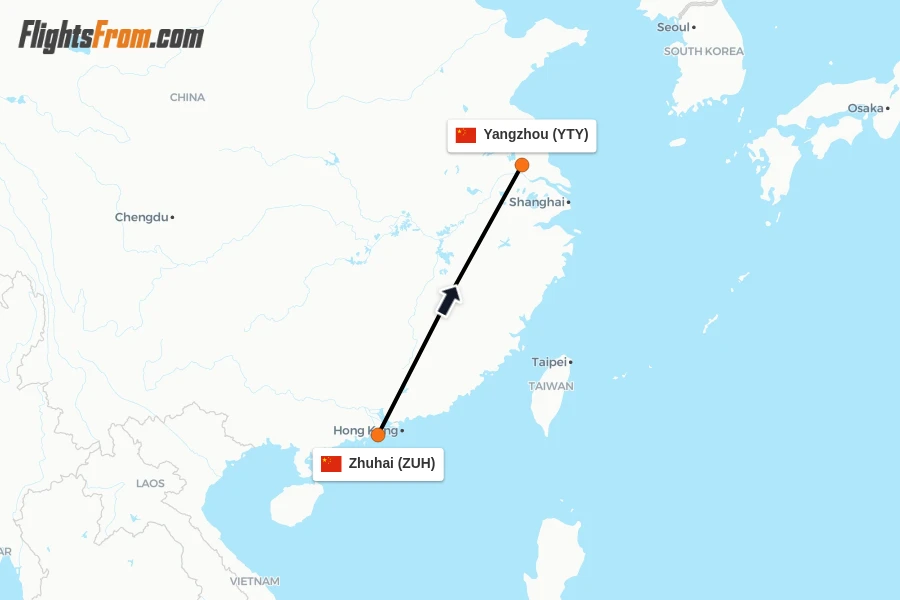 Flights from Zhuhai to Yangzhou route map