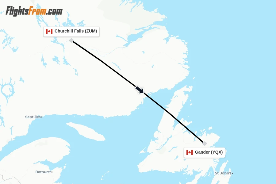 Flights from Churchill Falls to Gander route map