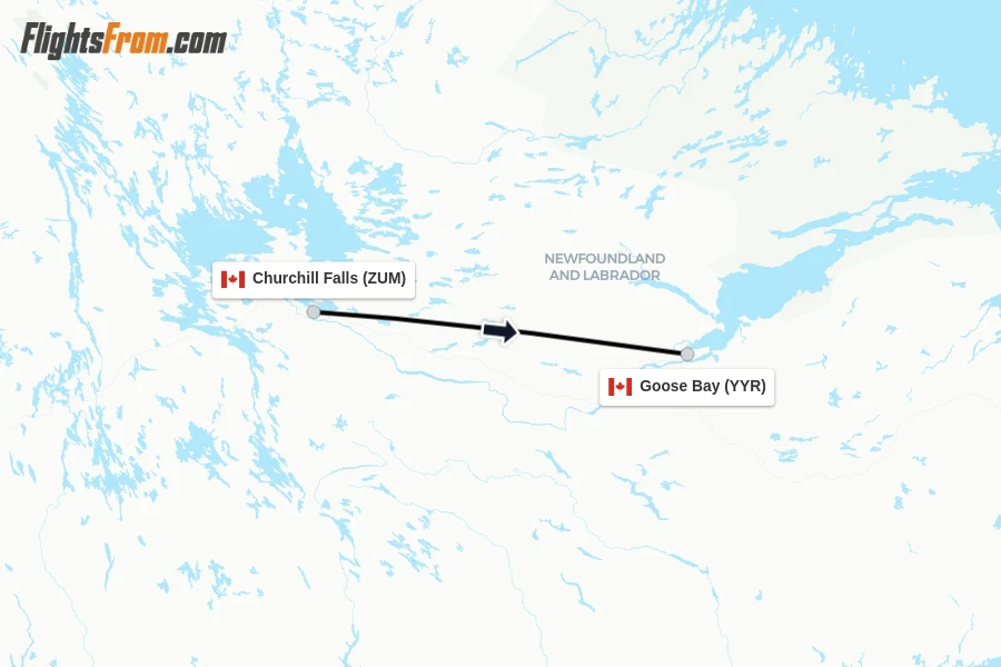 Flights from Churchill Falls to Goose Bay route map