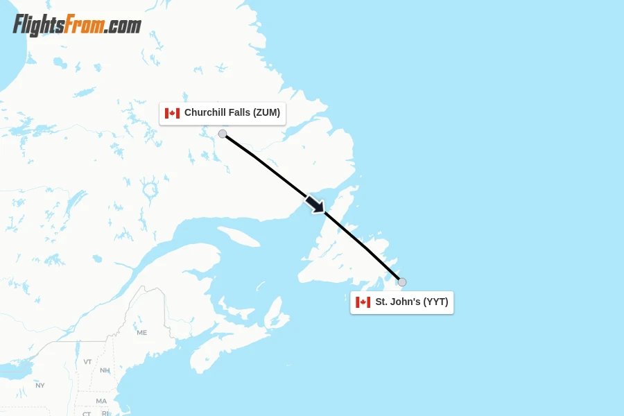 Flights from Churchill Falls to St. John's route map