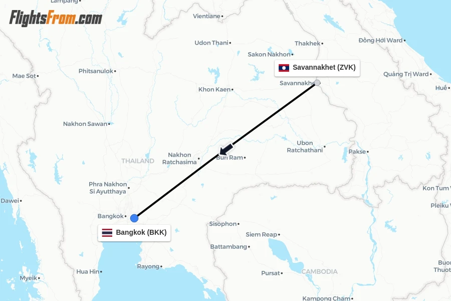 Flights from Savannakhet to Bangkok route map
