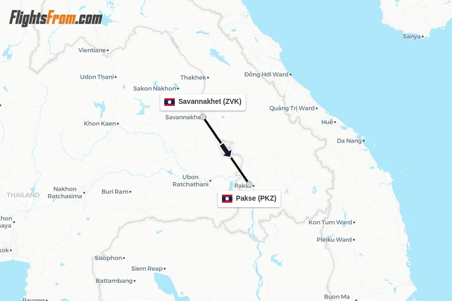 Flights from Savannakhet to Pakse route map