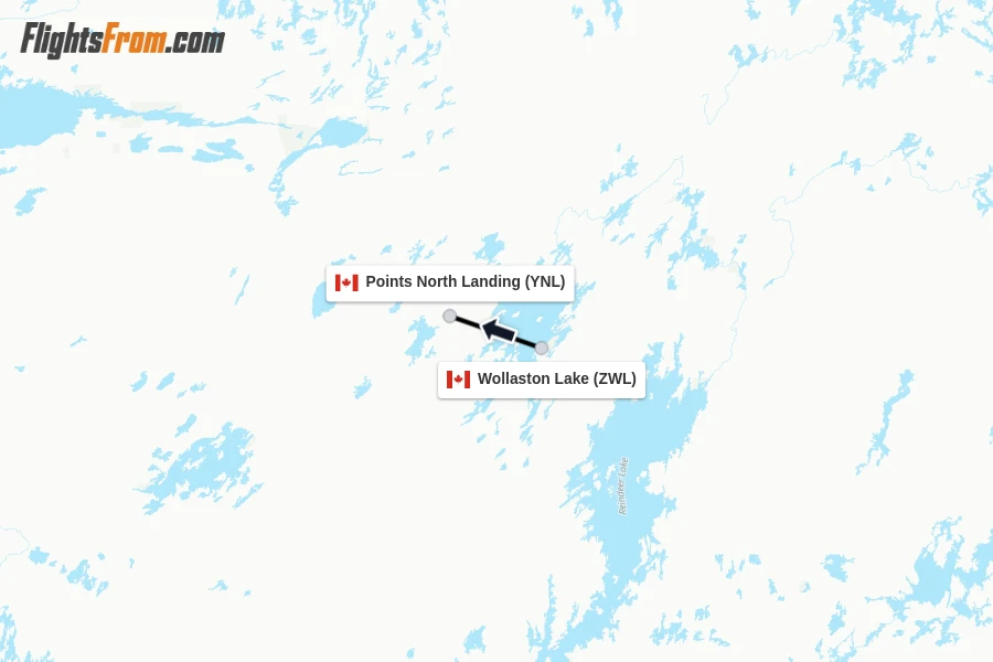 Flights from Wollaston Lake to Points North Landing route map