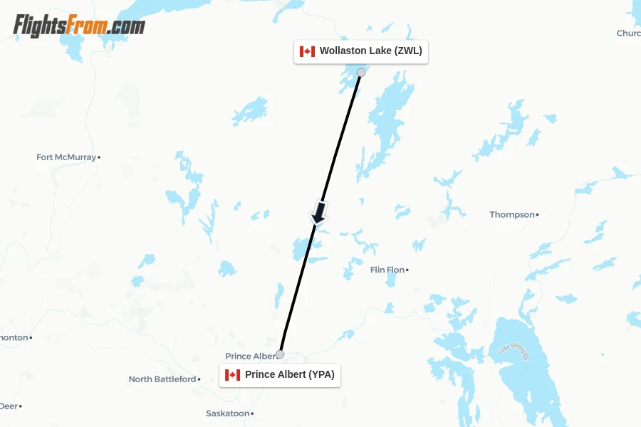 Flights from Wollaston Lake to Prince Albert route map