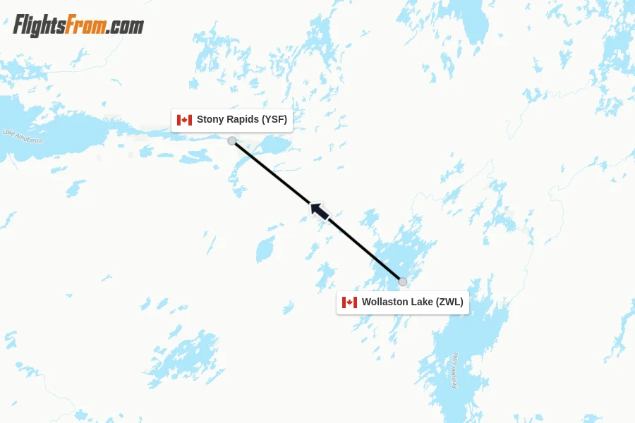 Flights from Wollaston Lake to Stony Rapids route map