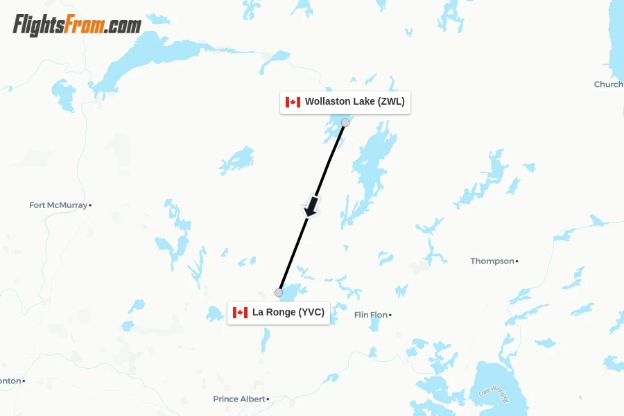Flights from Wollaston Lake to La Ronge route map