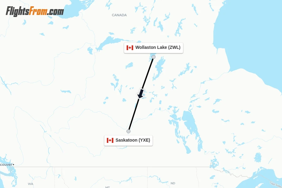Flights from Wollaston Lake to Saskatoon route map