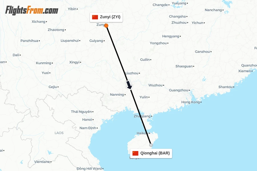 Flights from Zunyi to Qionghai route map
