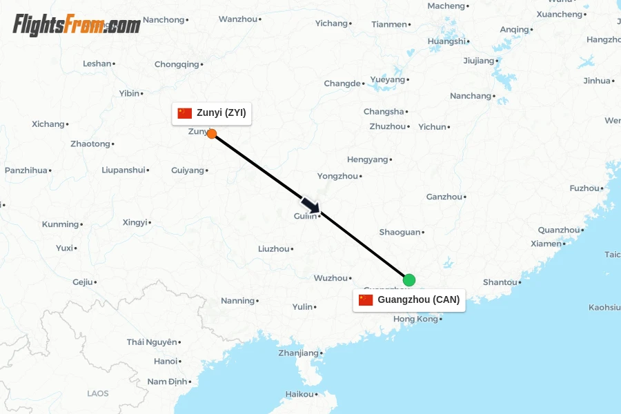 Flights from Zunyi to Guangzhou route map